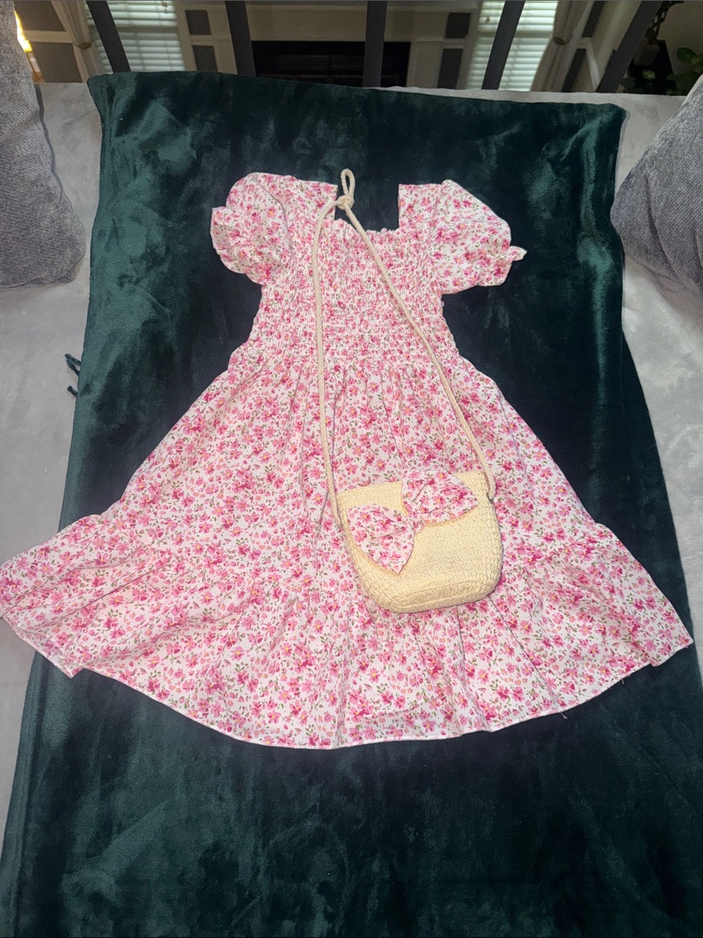 Pink Floral Puff-Sleeve Dress with Straw Crossbody Bag